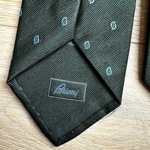 Brioni Tie - Green blue + orange subtle herringbone pattern - Hand Made in Italy